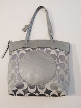 Coach Signature Laura Handbag Tote Purse Brown All Over Print Logo Sateen *Flaw